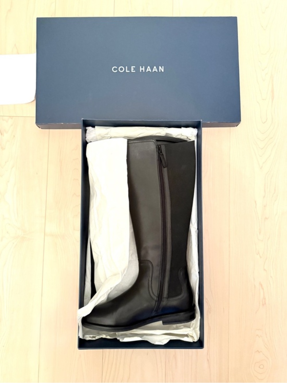 NIB Cole Haan Black Leather Celestina Riding Boots Knee High Low Heel Size 7.5